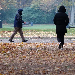 Zwei Spaziergänger laufen durch den Hamburger Volkspark. (Symbolbild)