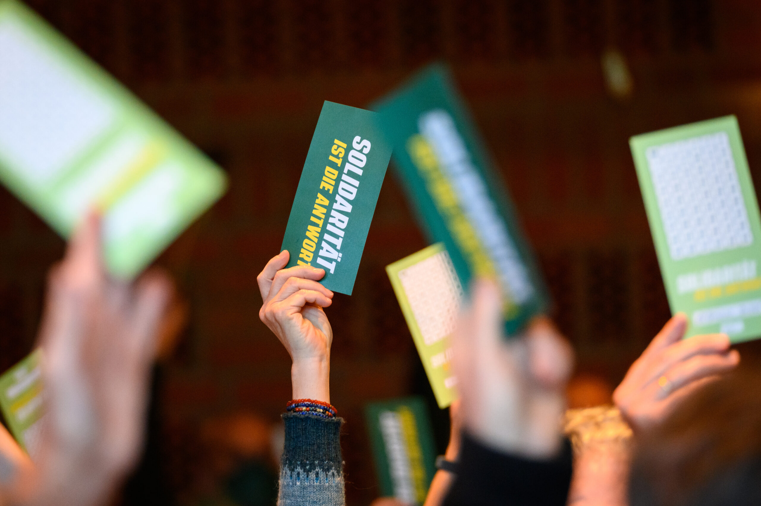 Parteimitglieder zeigen ihre Stimmkarte zu Beginn des Landesparteitags von Bündnis 90/Die Grünen.