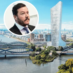 Eine Visualisierung des Elbtowers ist neben einem Porträt des Investors René Benko zu sehen