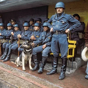 Beim Vorrunden-Spiel von Tunesien und Mexiko zeigt das Militär 1978 in Rosario Präsenz