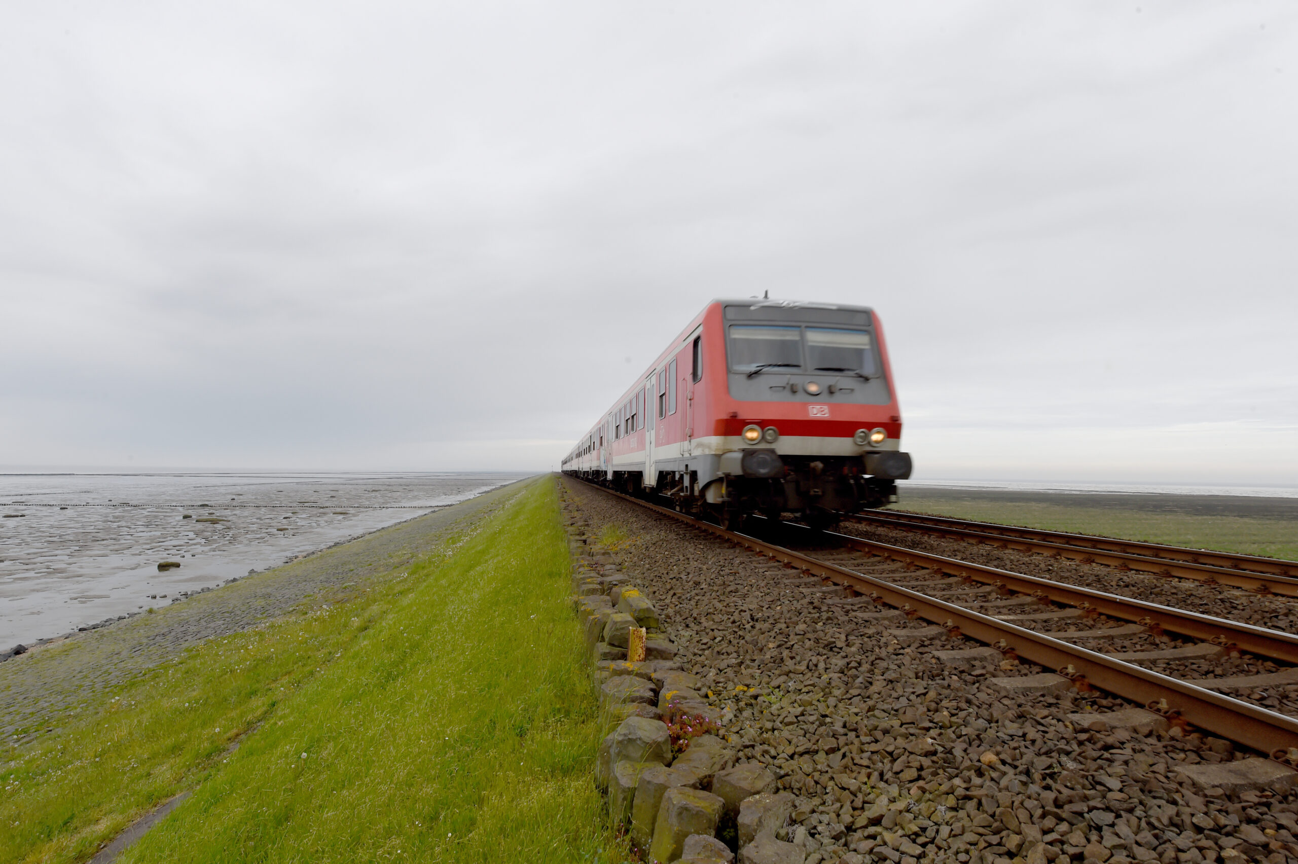 Ein Zug fährt über den Hindenburgdamm zwischen Sylt und Niebüll.