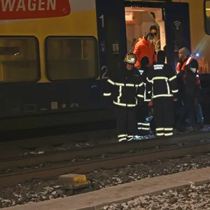 Feuerwehrkräfte führen die Fahrgäste aus dem Zug.