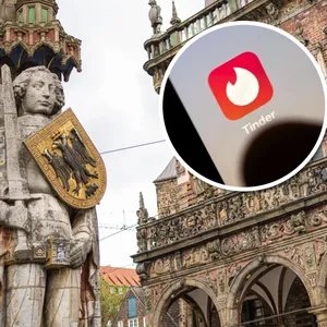 Blick auf den Roland in Bremen, eingeklinkt ein Tinder-Logo
