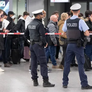 Passagiere und Polizisten am Frankfurter Flughafen