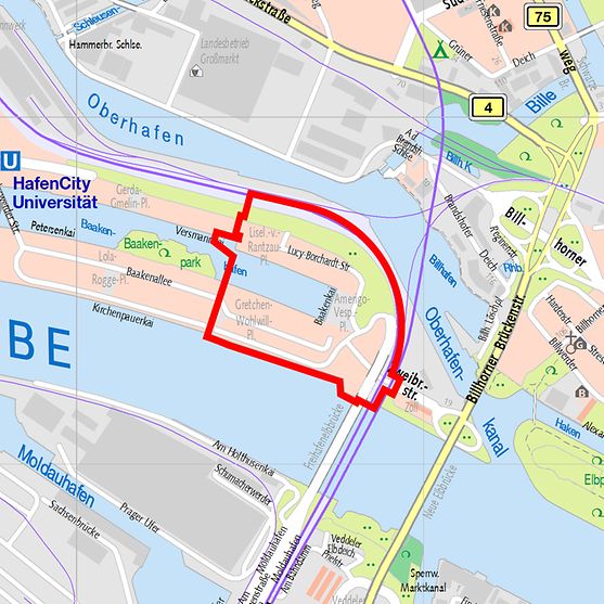 Rot markiert: Hier entsteht ein neues Quartier in der HafenCity.