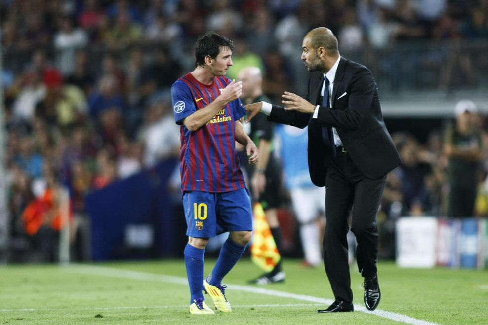 Lionel Messi (l.) und Pep Guardiola (r.).