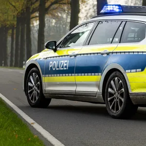 Ein Einsatzfahrzeug der Polizei steht mit Blaulicht auf einer Landstraße. (Symbolbild)