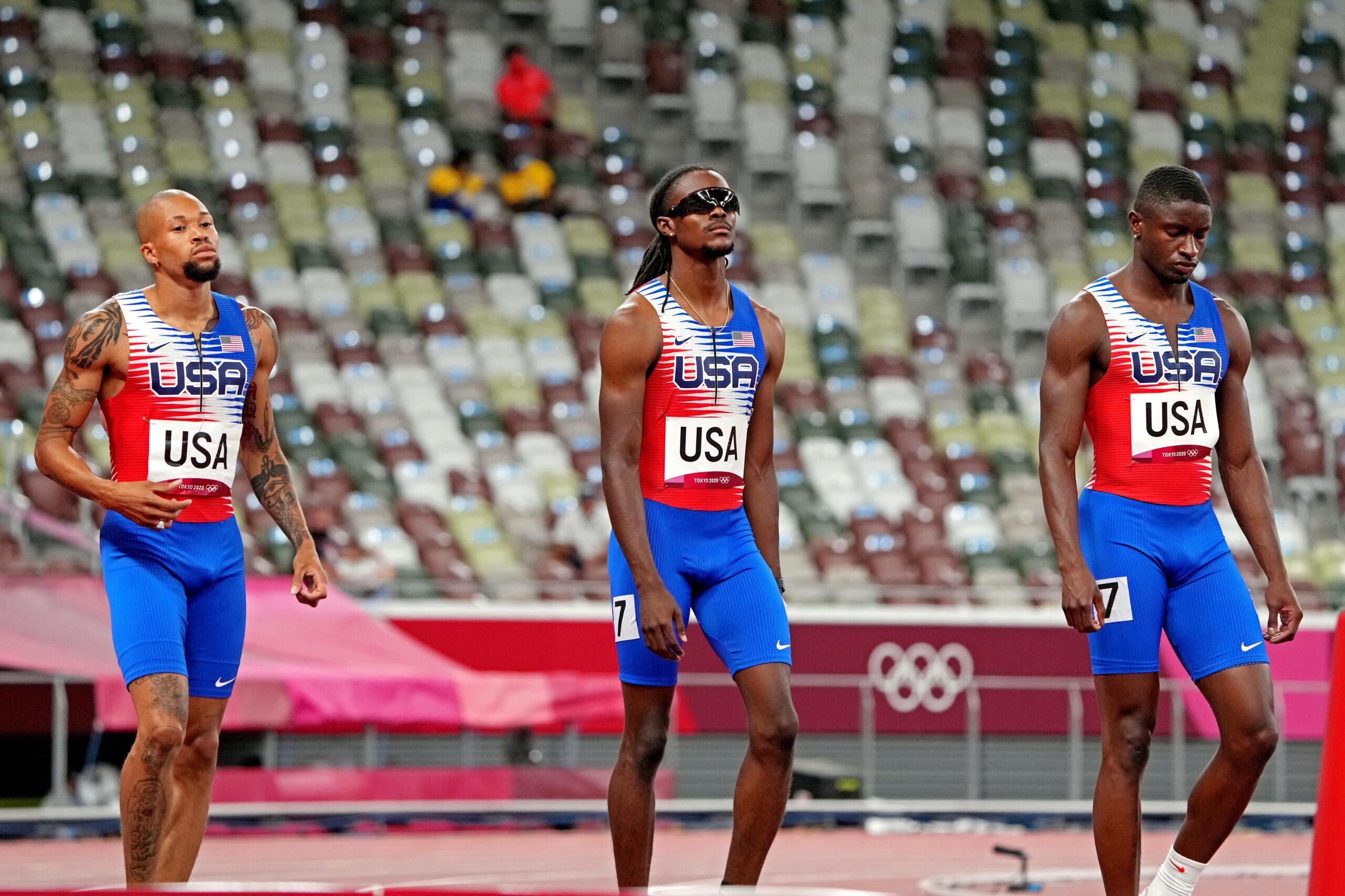 Trevor Stewart, Ross Randolph und Bryce Deadmon im Halbfinale der 4x400-Staffel der Herren während der Olympischen Spiele 2020 in Tokio