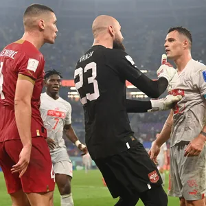 Serbiens Torwart Vanja Milinkovic-Savic und Granit Xhaka legen sich miteinander an