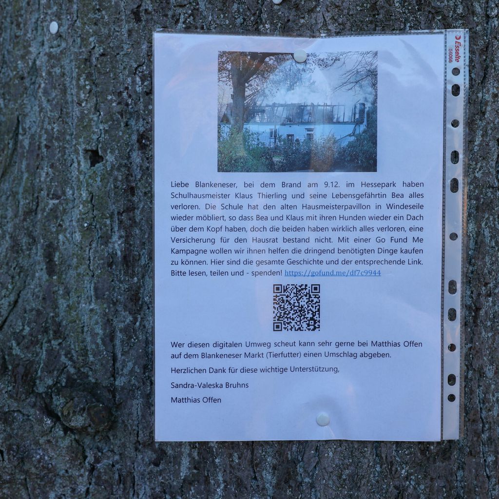 Ein Zettel mit Spendenaufruf hängt an einem Baum