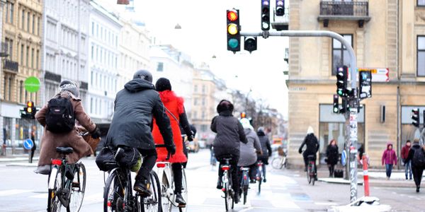 Radfahrer stehen auf dem Fahrradweg an einer Ampel.