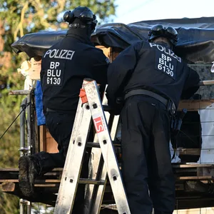 Polizisten untersuchen ein Baumhaus in Lützerath.