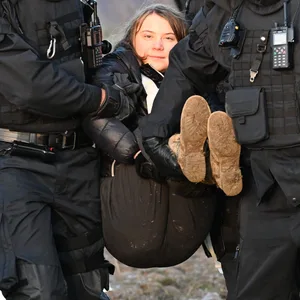 Auch die schwedische Klimaaktivistin Greta Thunberg wurde von Polizisten von der Abbruchkante weggetragen.