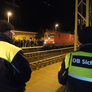Sicherheitspersonal der Deutschen Bahn steht am Bahnhof von Brokstedt und gedenkt der Opfer der Messerattacke.