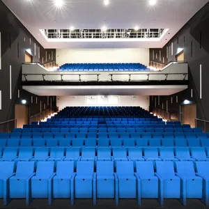 Theatersaal von der Bühne aus fotografiert. Die Sitze sind blau überzogen.