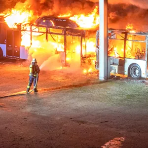 Zahlreiche Busse und Autos wurden durch das Feuer zerstört.