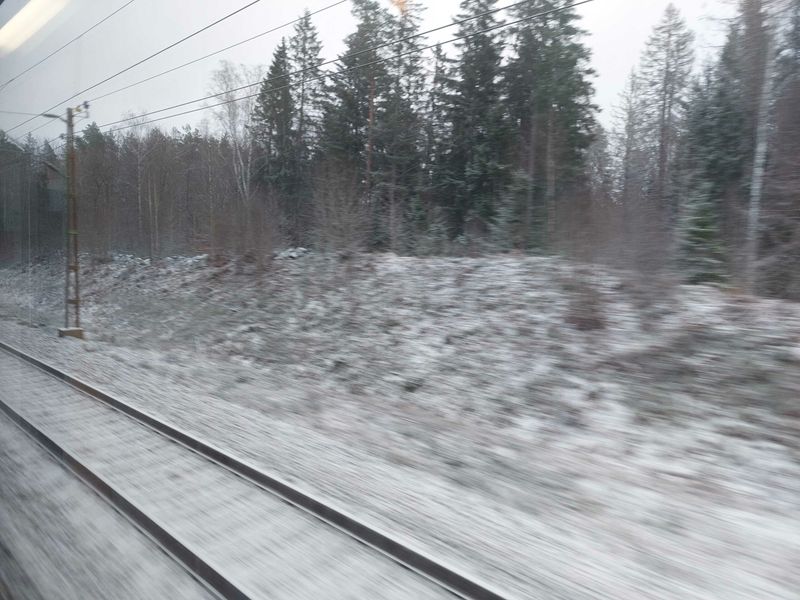 Die schwedische Landschaft während der Zugfahrt – dort liegt noch jede Menge Schnee.