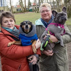 Auf den Hundehasser haben die Bramfelder ein Kopfgeld ausgesetzt, das sich wöchentlich erhöht. Auf dem Bild zu sehen sind Ute Poszich (rechts, 57, Buchhalterin) mit Summer und Roswitha Radigk (links, 63, Store-Managerin) mit Nico.