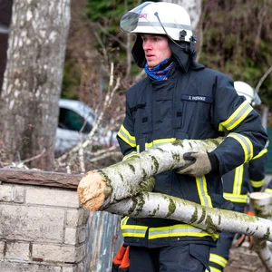 Feuerwehrleute tragen Äste von der Straße. (Symbolbild)