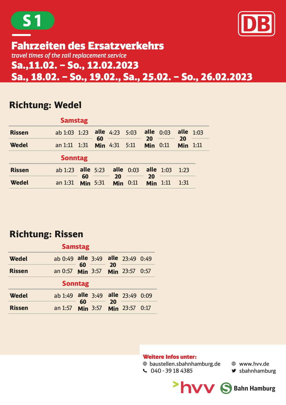 Die Fahrzeiten des Ersatzverkehrs