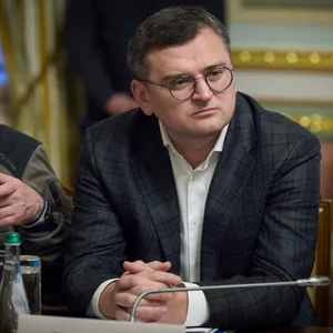 Dmytro Kuleba, Außenminister der Ukraine, am Podium