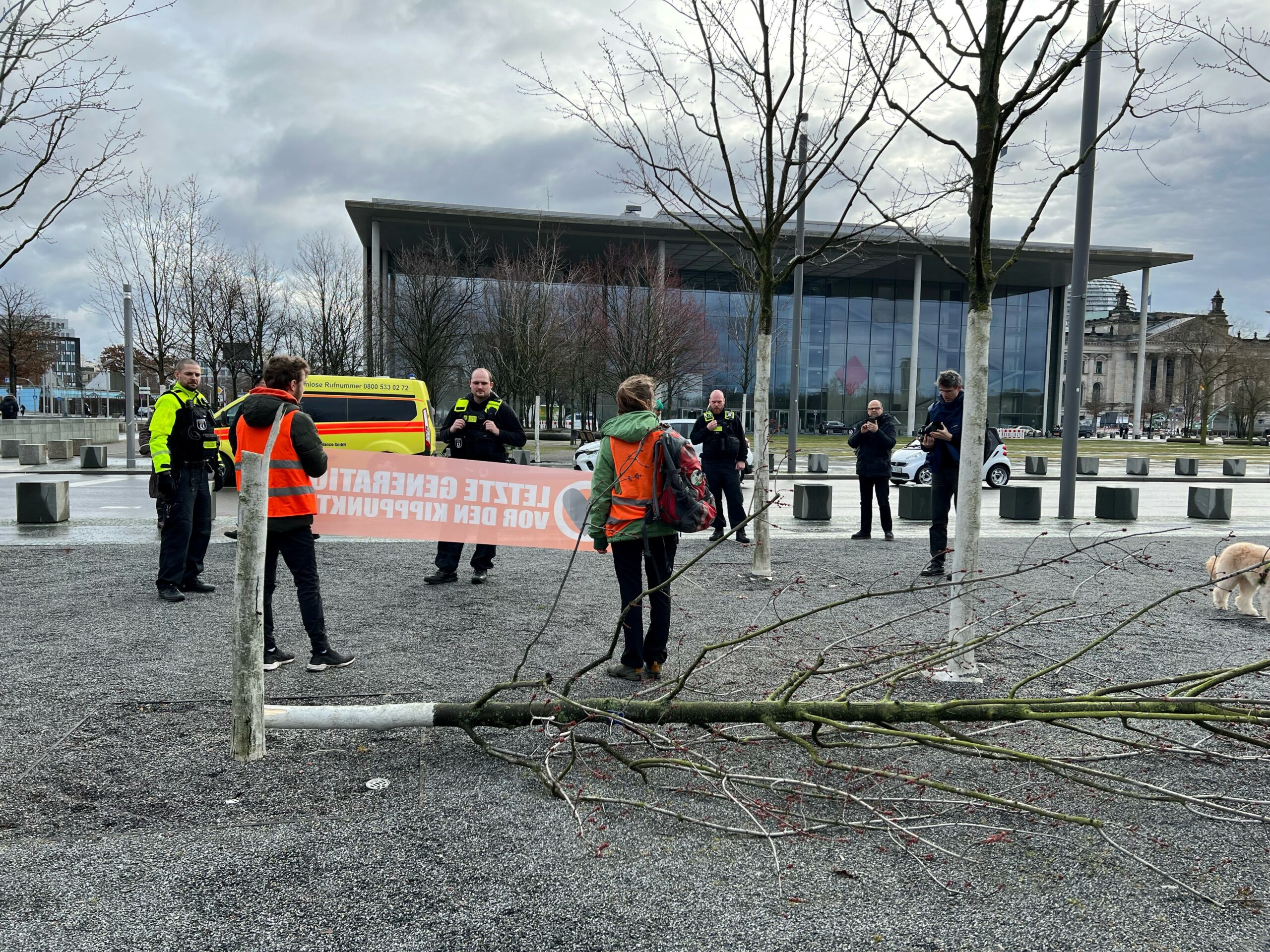 Aktivisten der Letzten Generation fällten einen Baum vor dem Kanzleramt in Berlin.