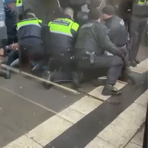 Mitarbeiter der S-Bahn-Wache und Polizisten fixieren den Mann am Boden.