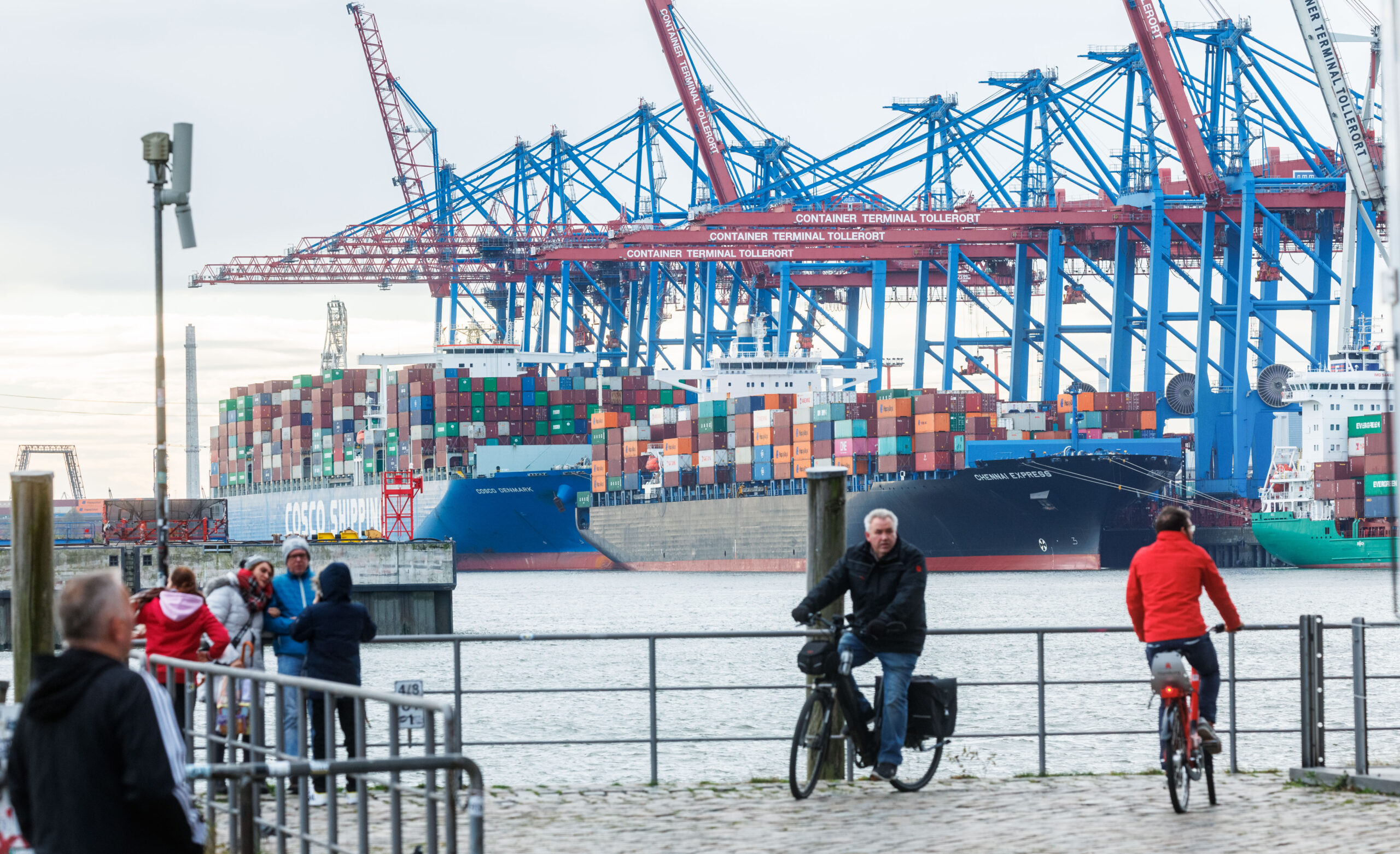 Containerschiffe liegen im Hamburger Hafen am Terminal Tollerort, an dem der chinesische Konzern Cosco einen Anteil von 24,9 Prozent erwerben will.