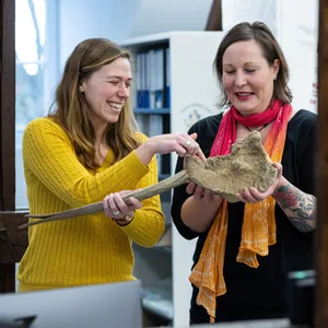 Archäologin Julia Ricken (l.) und Simone Grundmann schauen sich die Mammut-Knochen an, die jahrelang auf dem Dachboden schlummerten.