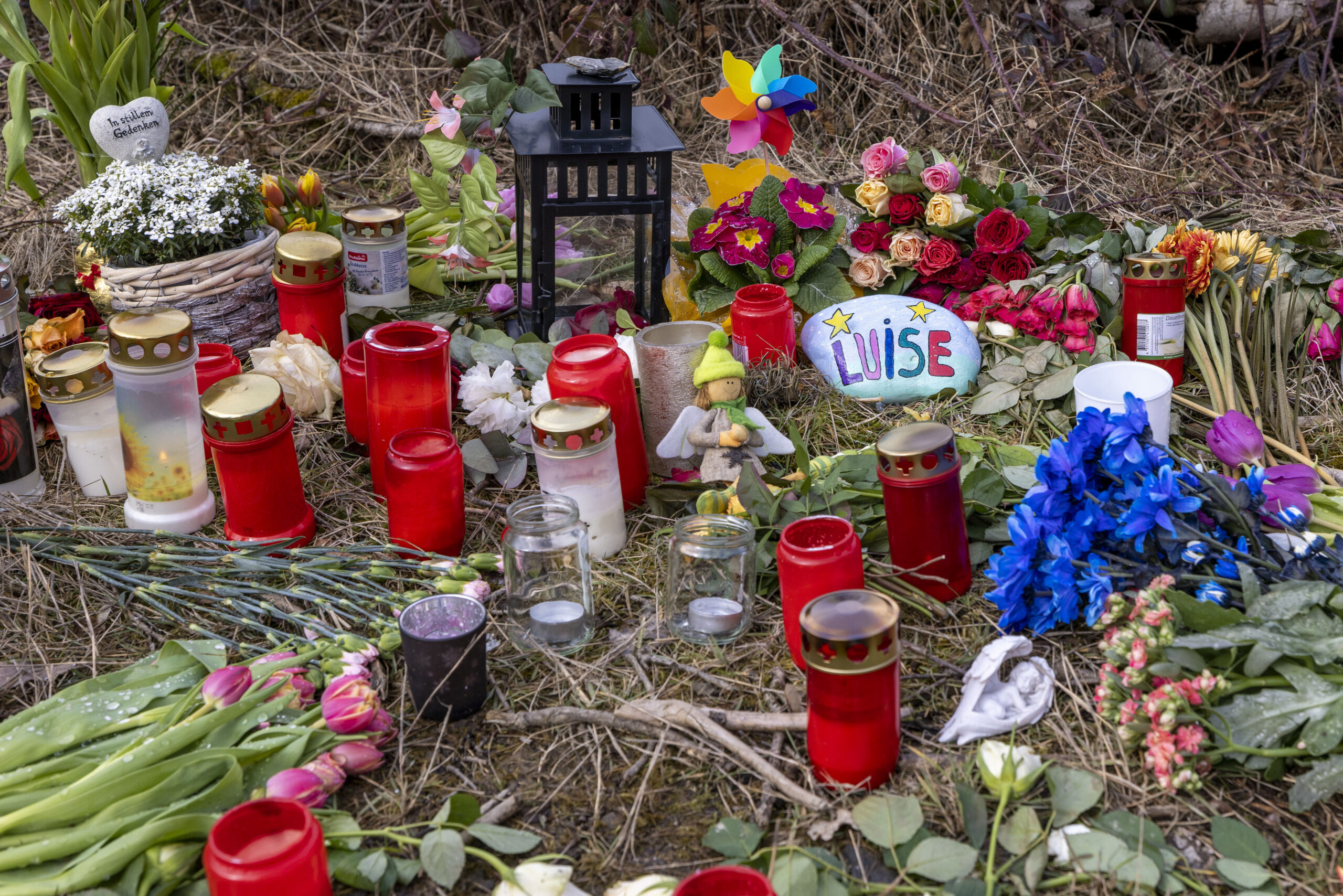 Kerzen, Blumen, Kuscheltiere und ein bunt bemalter Stein mit dem Namen Luise an der Stelle im Wald, an der die Menschen in Freudenberg Abschied von Luise nehmen.