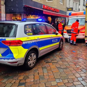 Vor der Bäckerei stehen Polizei und Rettungswagen.