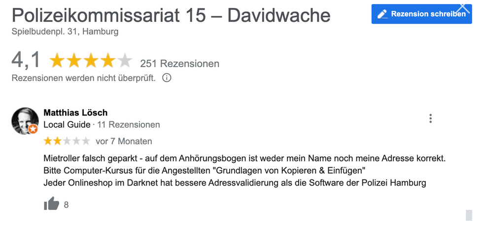 Die Davidwache kommt in den Rezensionen besser weg, als die Amtsgerichte.