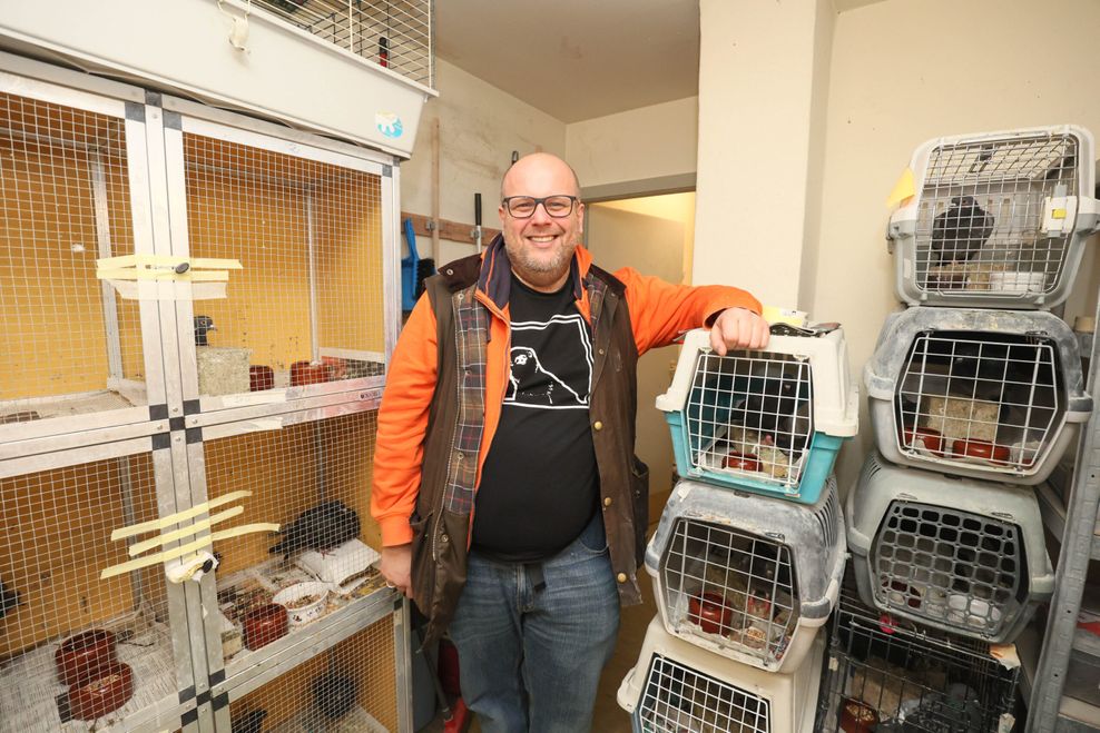 Dirk Schattner (50) vor den Boxen mit den kranken und verletzten Tauben.