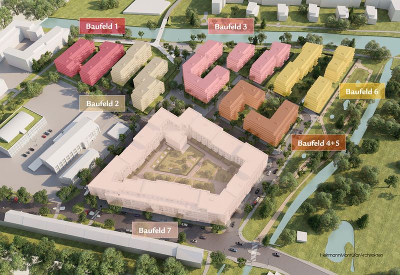 Vogelperspektive auf das Quartier Weidenbaumsweg in Bergedorf mit eingezeichneten farbigen Baufeldern.
