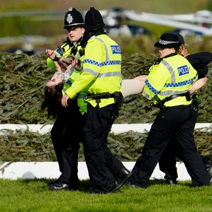 Am Rande des Pferderennens Grand National in Liverpool werden Demonstranten festgenommen.