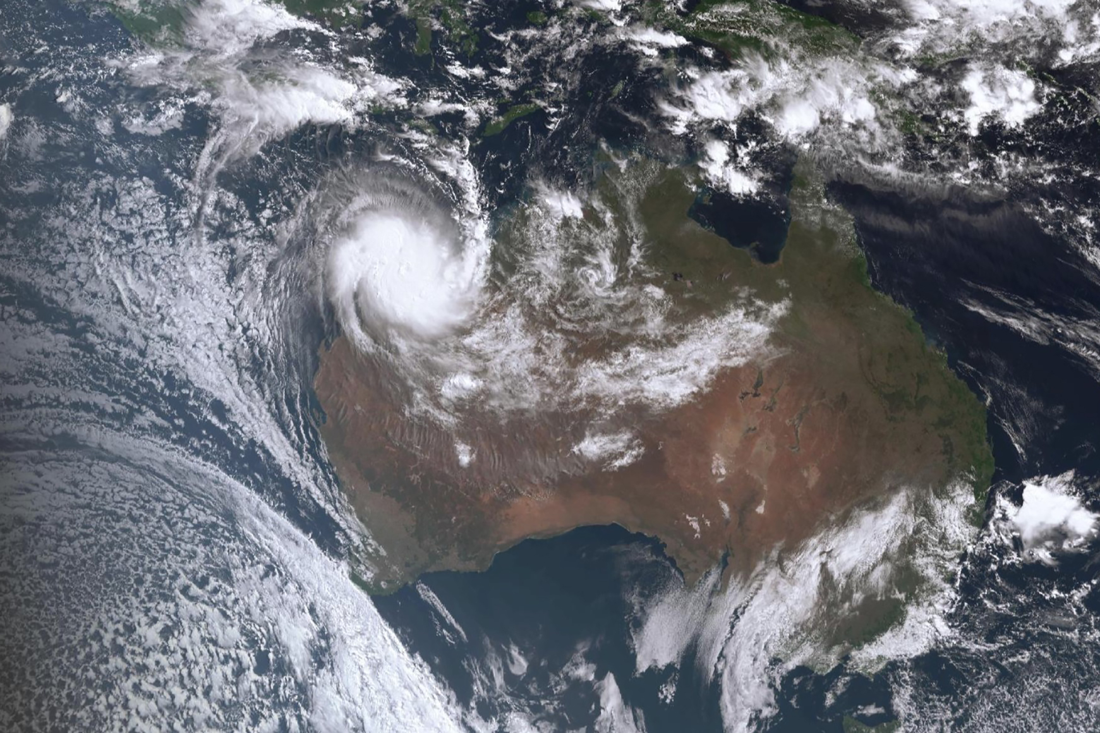 Ein Satellitenbild zeigt den tropischen Wirbelsturm Ilsa über Westaustralien.