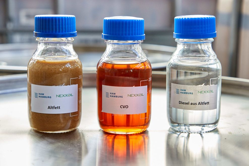 Glasflaschen mit Altfett, CVO und Diesel aus Altfett stehen im Technikum im Bereich Verfahrenstechnik am Campus Life Sciences der HAW. 