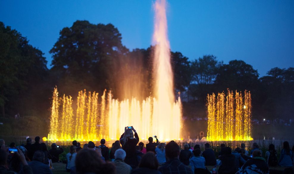 Besucher schauen sich die Wasserlichtspiele in Planten un Blomen an.