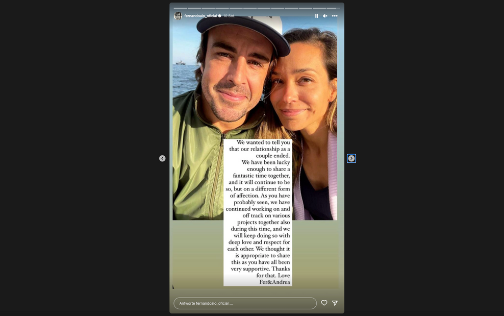 Auf Instagram teilten Alonso und Andrea Schlager mit, dass ihre „Beziehung als Paar zu Ende ist“.