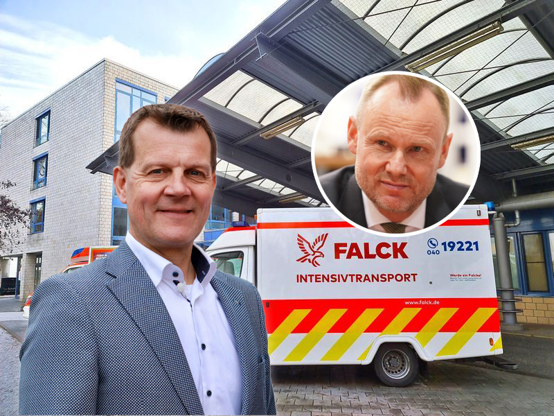 Falck-Chef Klaus Runggaldier und Innensenator Andy Grote (kl. Foto): Sie streiten über die Zukunft von Falck in Hamburg.