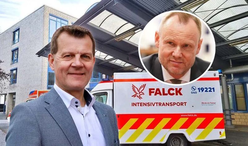 Falck-Chef Klaus Rungaldier und Innensenator Andy Grote (kl. Foto) streiten um die Zukunft von Falck-Rettungswagen in Hamburg.