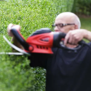 Ein Mann schneidet eine Hecke waehrend er von seiner Nachbarin beobachtet wird
