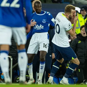 Tottenhams Harry Kane lieferte sich eine leichte Rangelei mit Evertons Abdoulaye Doucouré (l.)