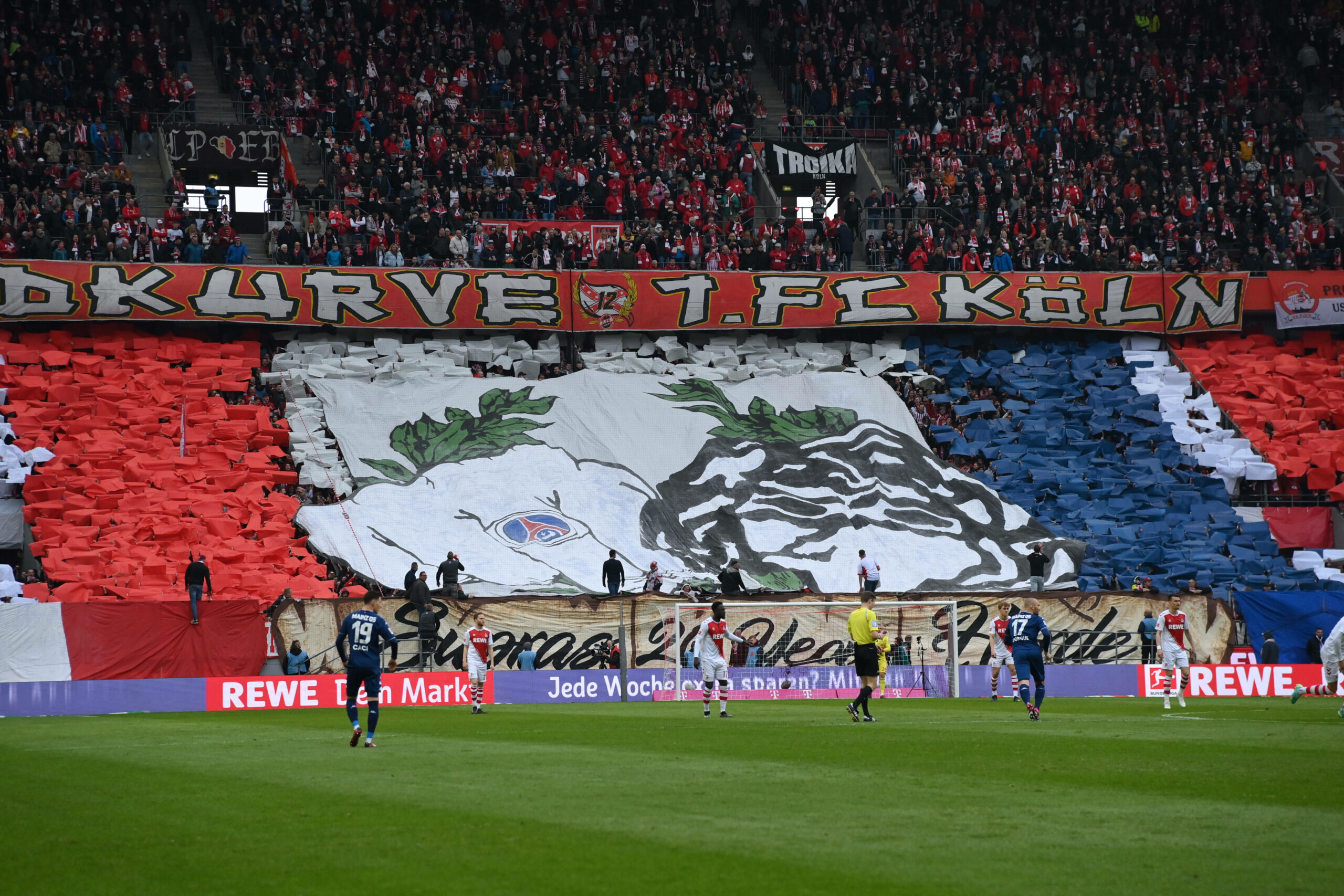 Fans des 1. FC Köln feiern in einer Choreo die Fanfreundschaft zu Paris Saint-Germain.