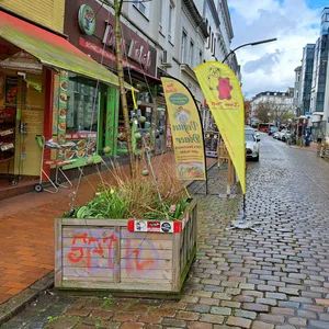 In der Ottenser Hauptstraße stehen bunt bepflanzte Kübel.