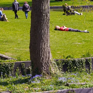 Menschen genießen im Park „Planten un Blomen“ in Hamburg die Sonne (Archivbild).