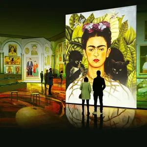 Raum mit riesigen Projektionen von Kahlos Werken, davor jeweils recht klein Betrachter
