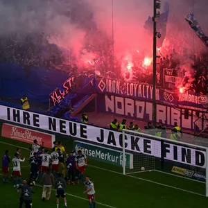 Die HSV-Spieler jubeln vor ihren feurigen Fans.