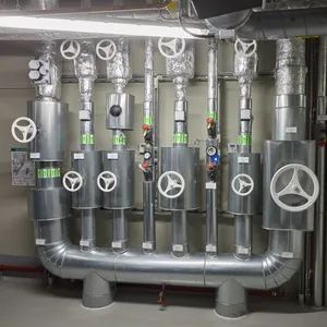 Die Fernwärme-Versorgung der Elbphilharmonie mit Rohrleitungen, Ventilen und einem Feuerlöscher.