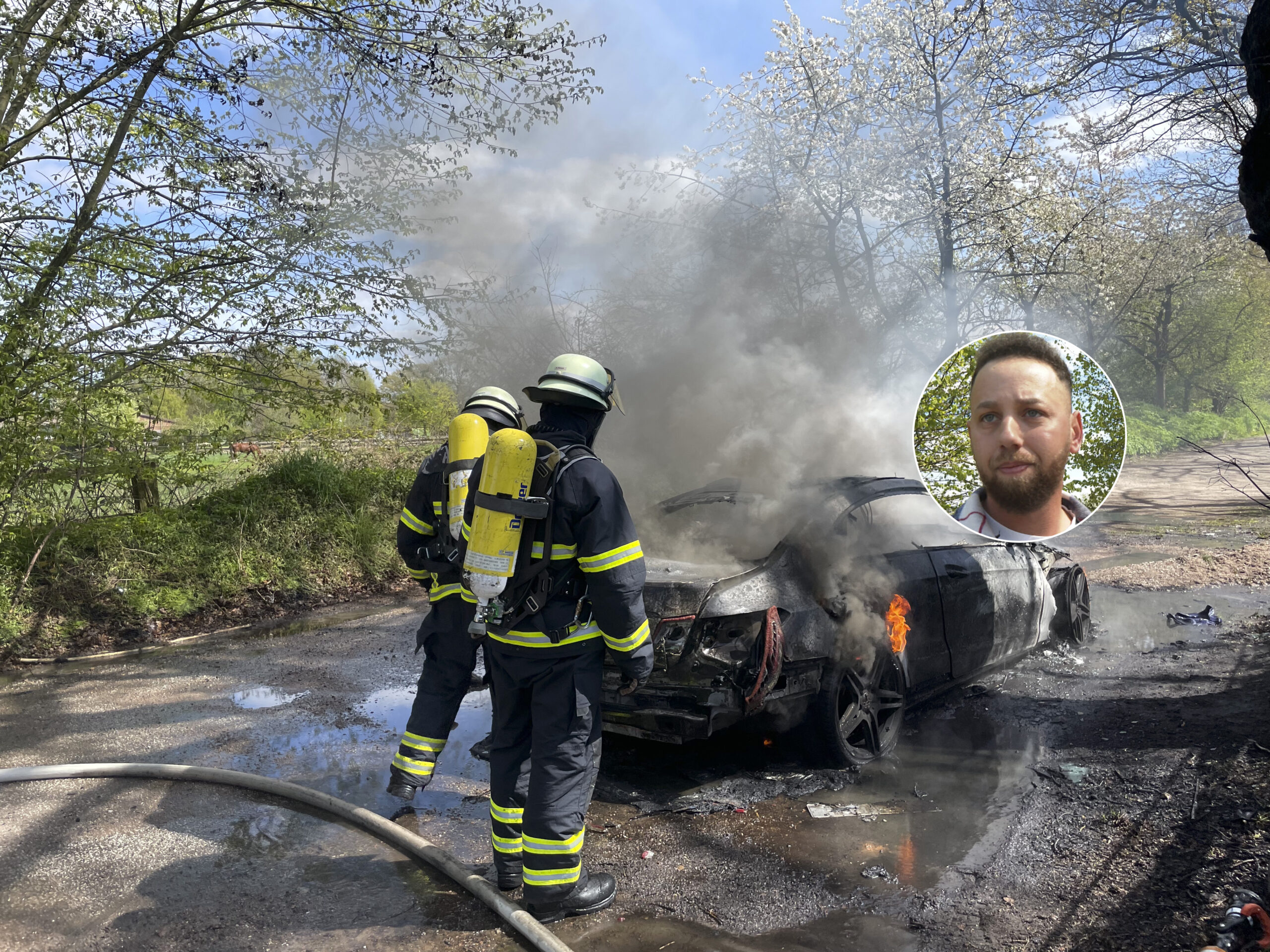 Da saß kurz vorher noch Cem T. drin: Während der Fahrt ging sein Mercedes E Klasse plötzlich in Flammen auf.